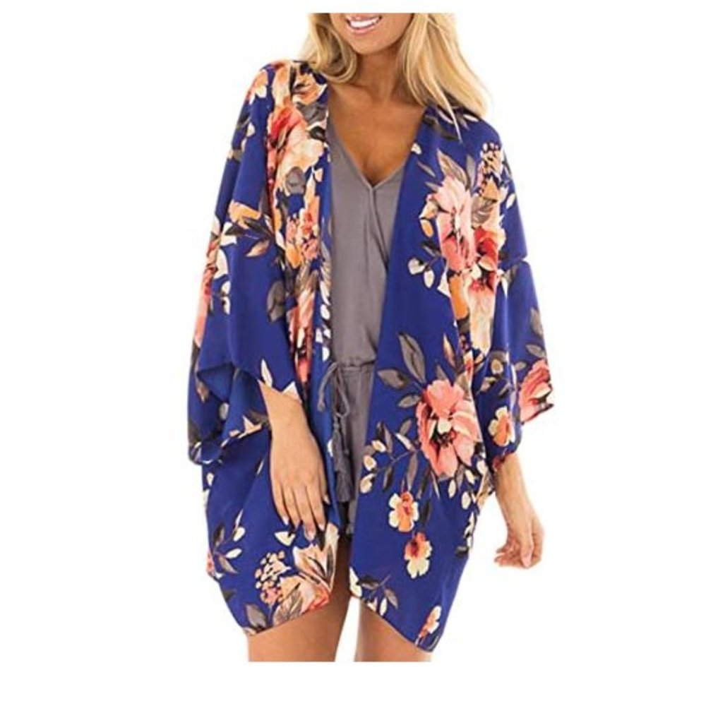 Women's Sheer Chiffon Kimono Floral Print Cover Up
